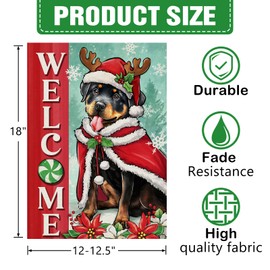 Dyrenson Welcome Christmas Rottweiler Dog Decorative Garden Flag, Xmas Pet Yard Home Decorations Dog Lover Gifts, Peppermint Candy Winter Holiday Burlap Outdoor Small Decor Double Sided 12 x 18