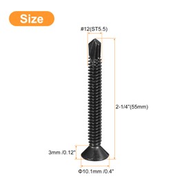 uxcell #12 x 2-1/4" Sheet Metal Screws, 100pcs Black Oxide 410 Stainless Steel Flat Head Phillips Drive Self Drilling Screws