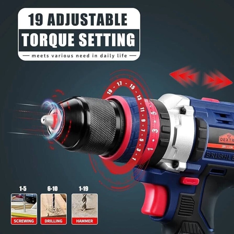 Dextra 20V Cordless Hammer Drill with 2.0Ah Battery and Charger