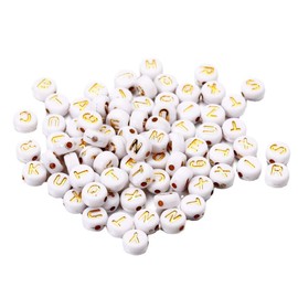 Pack of 100 Letter Beads, Mini Beads for Crafts, Craft Beads with Hole, Threading Letters for Bracelets, Hairband, Jewellery, Acrylic Beads Set, Craft Set (White with Gold Letters)