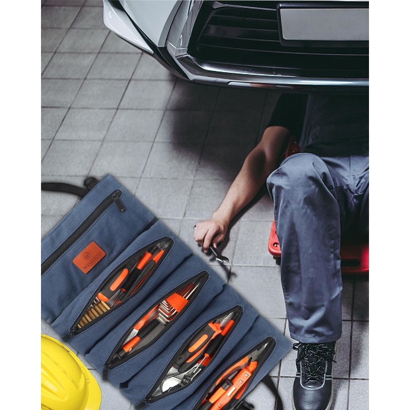 Wessleco Roll Up Tool Bag, 16OZ Canvas Wrench Roll Up