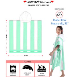 VOOVA & MOVAS Big Kids Hooded Towels for Teens (8-16Years), 100% Cotton Thick Poncho Towel for Boys | Girls, Perfect for Pool, Beach, Bath, Green White Stripe