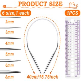 Knitting Needles Circular Knitting Needle 40 cm, 6 Pieces Stainless Steel Circular Knitting Needles, Knitting Needles Set 2 mm/3 mm/4 mm/5 mm/6 mm/8 mm, Circular Knitting Needles Set Interchangeable,
