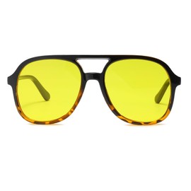 Long Keeper Retro Aviator Sunglasses Aviator Glasses Men Women Classic 70s Vintage Sunglasses Pilot Night Driving Glasses Unisex with UV400 Protection, Black Leopard Frame / Yellow Lens