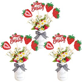 ZHUOWEISM 12 PCS Strawberry Happy Birthday Centerpiece Sticks Glitter Sweet Fruit Strawberry Table Flower Centerpieces Sweet Berry Birthday Decor for Baby Shower Birthday Party Centerpieces Supplies