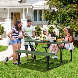 HAPPYGRILL Picnic Table Set Outdoor Patio Table Bench Set with Steel Frame & Plastic Table Top for Garden Lawn Backyard