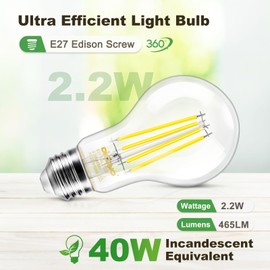 DiCUNO Edison LED Bulb E27, Classic Ultra Efficient Bulb, A Label, 2.2 W, Replacement for 40 W Bulb, Warm White 2700 K, 465 lm, 360°, Clear, Energy Efficiency Class A, A60 LED Bulb, Pack of 6