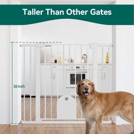 Babelio 36" Tall Auto Close Baby Gate with Small Cat Door, 29-43" Metal Cat Gate for Doorway, Stairs, House. Easy Walk Thru Dog Gate with pet Door, Includes 4 Wall Cups and 3 Extension Pieces, White