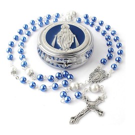 Catholic Town 6mm Glass Pearl Beads with 8mm Our Father Beads with Caps Rosary Pack in Miraculous Metal Gift Box (Available in Blue and Pink colors) (Blue)