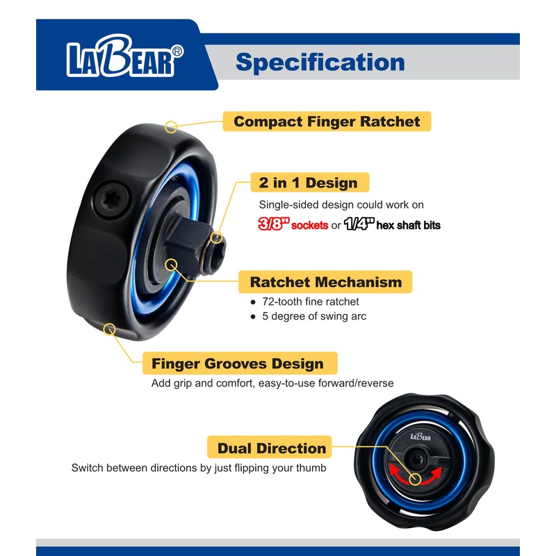 LABEAR- 3/8" Drive Gimbal Ratchet with 1/4" bit holder, Palm