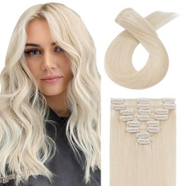 Hairro Clip in Hair Extensions Real Human Hair 18 Inch 70g Long Thin 8 Pcs 18 Clips Human Hair Clip on Hairpieces Standard Weft Straight for Women Beauty #70 White Blonde