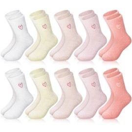 Foaincore 10 Pairs Women's Embroidered Heart Fuzzy Socks - Soft Fluffy Mid-calf Warm Slipper Socks for Winter, Home, Spa (5 Styles)