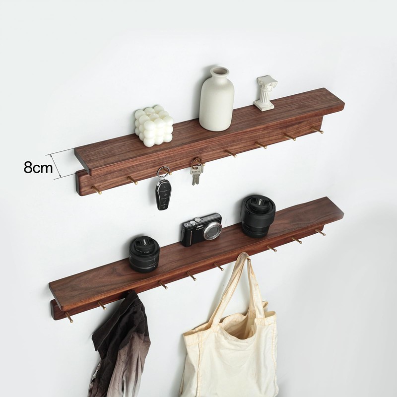 MATOOYA Shelf with Hooks, Solid Wood Bedroom Shelves for Wall,