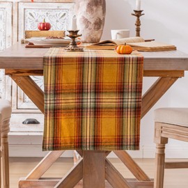 Plaid Fall Thanksgiving Table Runner, Autumn Holiday Yellow Table Runners 36 inches Long, Harvest Decorations Farmhouse Home Kitchen Dining Party Decor