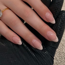 24Pcs White French Tip Press on Nails Short Almond Fake Nails with Glue Pink Acrylic Nails Press on Full Cover False Nails Reusable Glossy Stick on Nails Artificial Glue on Nails for Women Manicure