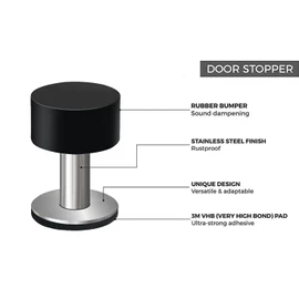 Door Stoppers with Extra Stickers, Self-Adhesive Door Stop with Black Rubber & Stainless Steel Body - Sound Dampening Door Bumpers for Home & Office, Door stoppers for Bottom of Door (Medium-2.56inch)