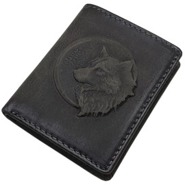 myledershop Small Genuine Buffalo Full Leather Wallet / Purse / Wallet in Portrait Format with 3D Embossing and RFID & NFC Protection, 3D Wolf embossing / vintage grey, American