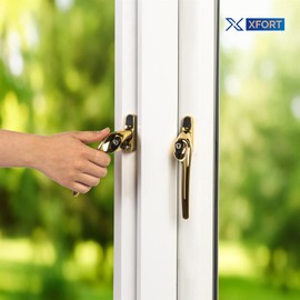XFORT Cranked Locking Window Handle Installation Kit in Polished Brass, Right Hand UPVC Window Handle Replacement, Offset Lockable Window Lever