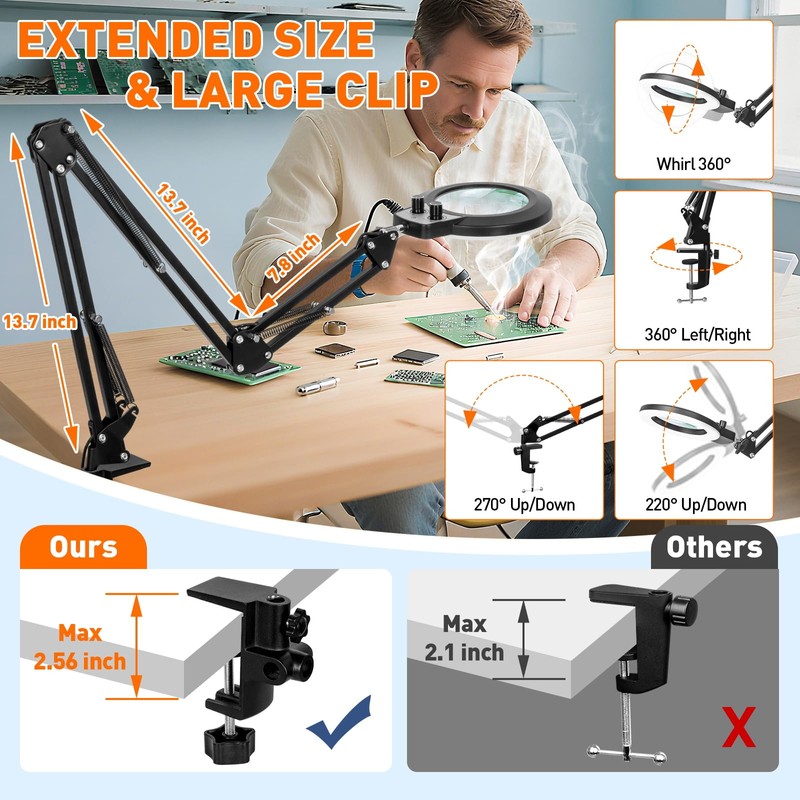 KIRKAS 12X Magnifying Glass with Light and Stand, Extra-Long Arm
