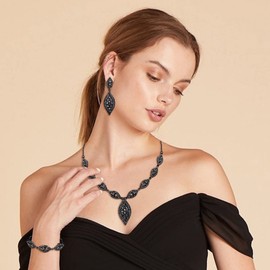 Flyonce Wedding Jewelry Set Rhinestone Crystal Bridal Leaf Necklace Drop Dangle Chandelier Earrings Set Charcoal Grey