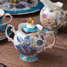 ACMLIFE Porcelain Sugar Bowl Set for Coffee Cup Set, 10.6 oz Bone China Sugar Set, Vintage Sugar Bowl with Lid, Floral Creamer Pitcher with Pour Spout and Handle, Blue and White (blue, 1)