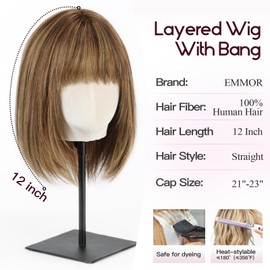 EMMOR 12 Inch Human Hair Wig for Women - Shoulder Length Layered Bob Wig with Bangs & Breathable Cap, Natural Looking Daily Wear Wig(Mixed Brown)
