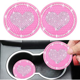 MACHSWON 2 Pack Heart Pink Car Cup Coasters Sparkling Cute Car Accessories Women's Rhinestone Car Cup Holder Coasters 2.75 Inch Women's Car Interior Accessories