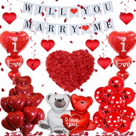 Will You Marry Me Decorations - 534 Pcs Proposal Decorations Kit Love-Bear I Love You Heart Balloons Banner Heart Swirls Rose Petals Decor for Romantic Anniversary Wedding Valentine's Day Party Decor