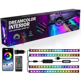 RGB Dream Color Interior Car Strip Lights with Smart APP Remote Control, DIY Mode and Music Mode, Multicolor Footwell Under Dash Chasing Inside Light Kits for Cars Truck ATV UTV with Car Charger