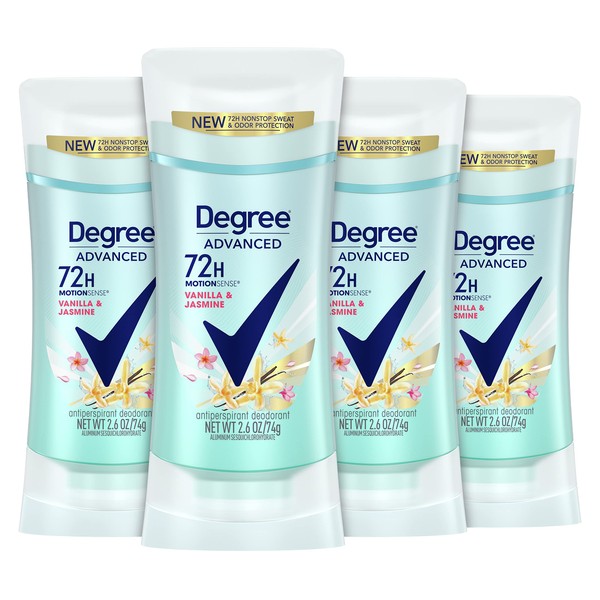 Degree Antiperspirant Deodorant 72-Hour Sweat and Odor Protection Vanilla and Jasmine Antiperspirant for Women with MotionSense Technology 2.6 oz 4 count