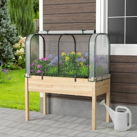 Giantex Raised Garden Bed with Cover, Wood Elevated Planter Box with Legs & Mini Greenhouse, Waterproof Sun-Protective PE Green House Cover, Outdoor Use for Fruit Vegetable Flower Herb (White+Natural)