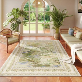 Rugcomf 4x6 Rug for Bedroom Impressionist-Style Vintage Washable Rugs Non Slip Low Pile Small Carpet for Bedside Kids Room Office Dining Room, Beige