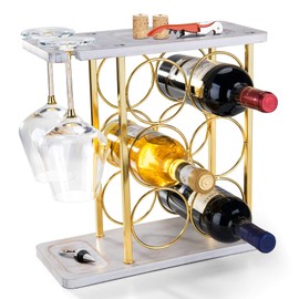 Gold Wine Rack with Glass Holder, Countertop Wooden Wine Holder for 6 Bottles & 2 Glasses, Includes Storage Trays for Corks & Openers – Perfect White & Gold Wine Display for Home Bar & Kitchen Decor