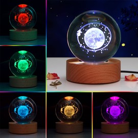 MYOUKE Multicolor 3D Crystal Ball Night Light, Sphere Engraved 3.15 inch Glass Astronomy Indoor Figurine Lamps Moon Nightlight, Pretty Gift for Students, Boyfriend, Girlfriend, Kids (Round-Moon)