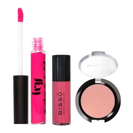 Kit Maquillaje Incluye Rubor Liquido, Rubor en Polvo Bissu y Labial Liquido Mate Indeleble de Larga Duracion | 3 Tonos Disponibles (Pink pop)