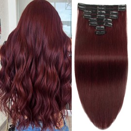 Human Hair Clip in Extensions Burgundy Clip ins 100% Brazilian Remy Real Human Hair Extension for Women 3.9oz/110g 8pcs Per Set with 18 Clips Double Weft (22 Inch #99J)