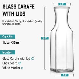 Set of 2 Square Glass Carafe, 1 Liter Clear Glass Pitcher with Lid, Beverage Serveware Carafe for Mimosa Bar, Coffee, Juice, Cold Water, Milk, Lemonade, Iced Tea