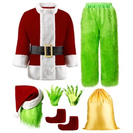 Christmas Green Santa Costume,8 PCS Deluxe Santa Clause Costume for Men,Santa Outfit Complete with a Mask