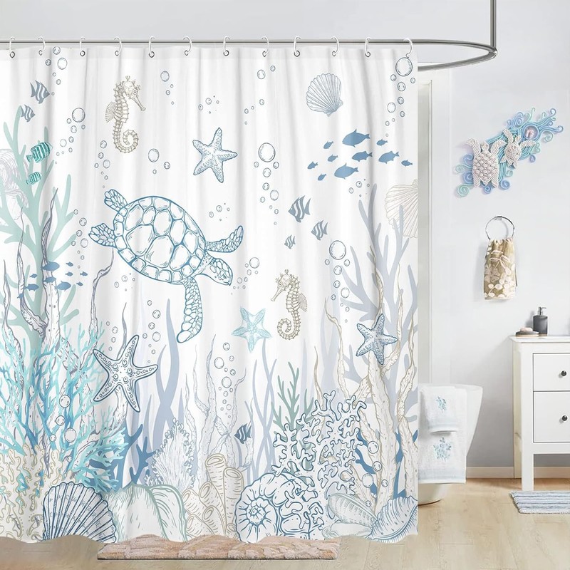 Nautical Coastal Turtle Shower Curtain, Coral Starfish Seashell Ocean Themed