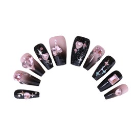 PN-006 Press-On Nails Varnished 10 Pieces Reusable False Nails Y2K Glamour Heart Rhinestones Pink Black