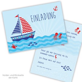 emufarm 10 Invitation Cards for Children's Birthday Parties Sailing Ship DIN A6 Printed on Both Sides Maritime Invitations for Children with Ship Boat Invitation for Boys Summer