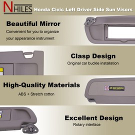 NHILES Tan Left &Right Side Sun Visor Compatible with Honda Civic 2006 2007 2008 2009 2010 2011 Replaces# 83230-SNA-A01ZE 83280-SNA-A01ZE