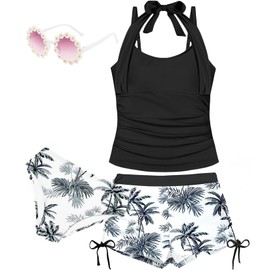 Minggo Girls Swimsuit 4 Piece Bathing Suit Halterneck Teen Girls Tankini Sets Swim Shorts with Sunglasses for 8-15Y (US, Age, 14 Years, 15 Years, Black)