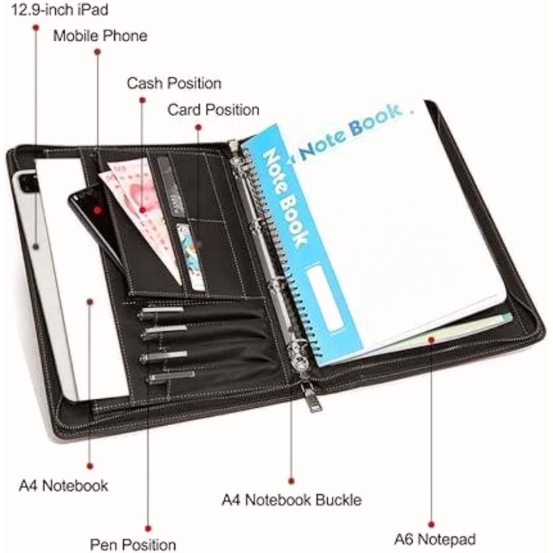 UPRESYE Zippered Padfolio Organizer, Leather Planner Binder, 12.9 Inch Portfolio