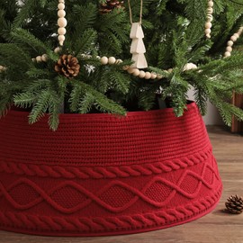 Knitted Christmas Tree Collar: Burgundy Red Crossed Diamond Textured Chunky Cable knit Christmas Tree Collar for Artificial Trees, Rustic Farmhouse Tree Ring Tree skirt for Xmas Holiday Home Décor