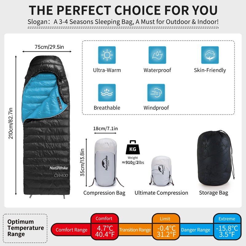 Naturehike Ultralight Down Sleeping Bag, 650FP Backpacking Sleeping Bag for