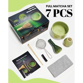7 Piece Matcha Set, Green Resin Matcha Whisk, Macha Tea Set with Matcha Spoon, Whisk Holder, Matcha Brush, Shovel, Strainer, Matcha Accessories Japanese Tea Ceremony - Ribbed Matcha Green
