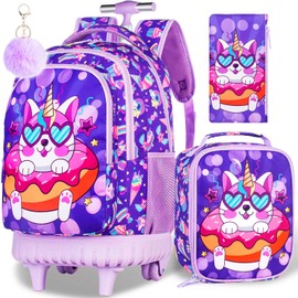 gxtvo 3PCS Kids Rolling Backpack for Girls,Cute School Bag with Wheels,Water Resistant Roller Bookbag Set for Elementary Preschool - Purple Unicorn