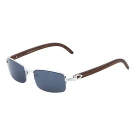 Dweebzilla Debonair Slim Half Rim Rectangular Metal & Faux Wood Buffs Semi Rimless Sunglasses (Silver & Cherry Wood - Black Lenses)