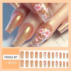 3D Press on Nails Long Square Fake Nails Full Cover Gold Glitter Stick on Nails with designs Flower Acrylic Nails False Nails Reusable Gel Glue on Nails for Women Summer Manicure24pcs